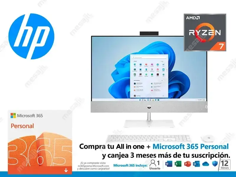 All In One HP 27-CA0005LA AMD Ryzen 7 5700U 16GB/1TB + M.2 SSD 512GB/W11H/27" QHD
