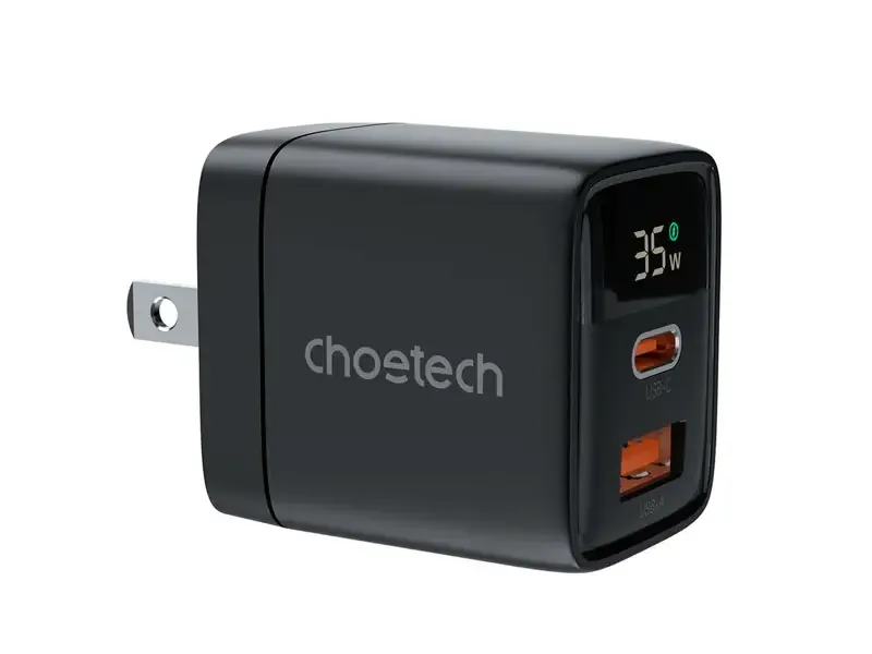 Cargador de pared CHOETECH GaN 1-USB-A y 1-USB-C PD35W con pantalla digital Black