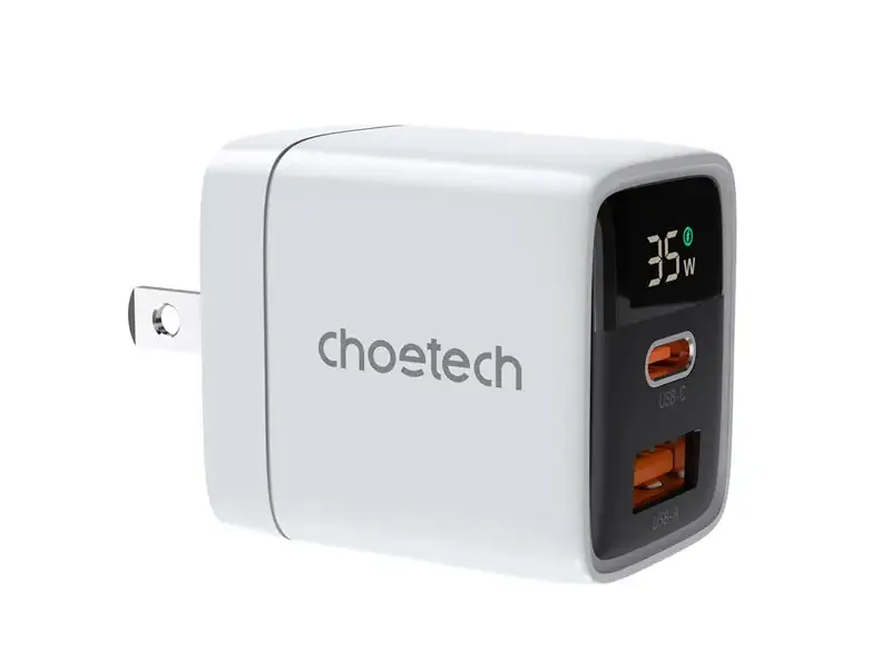 Cargador de pared CHOETECH GaN 1-USB-A y 1-USB-C PD35W con pantalla digital Blanco