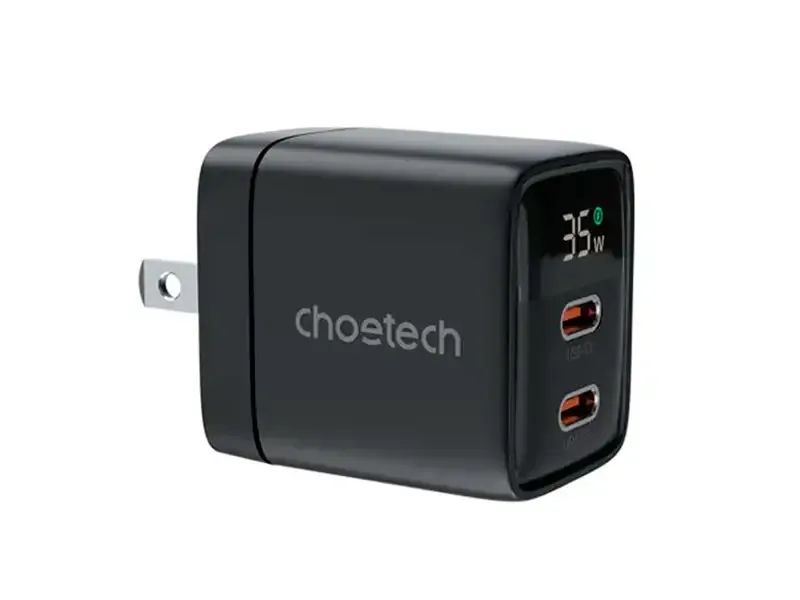 Cargador de pared CHOETECH GaN 2-USB-C PD35W con pantalla digital Black