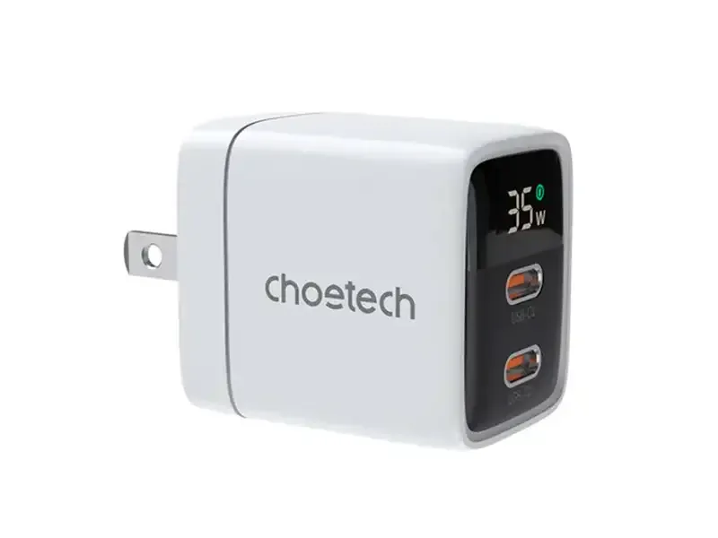 Cargador de pared CHOETECH GaN 2-USB-C PD35W con pantalla digital Blanco