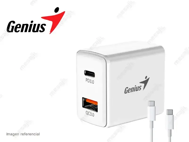 Cargador de pared Genius PD-20ACP 20W 1-USB-C, 1-USB-A + Cable USB-C a USB-C White