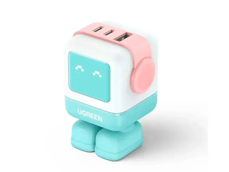 Cargador UGREEN CD361 (35856) Robot 65w 2 USB-C / 1 USB-A Celeste/Rosa