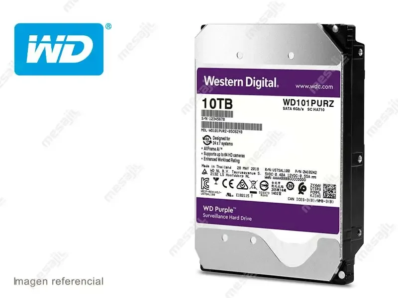 Disco Duro de 10TB Interno Western Digital Purple PRO NVR SATA 3.5" (WD101PURP)