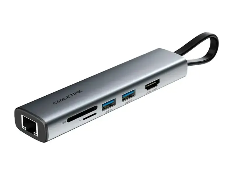 Docking Station CABLETIME CB23G USB-C a 7 Puertos: HDMI USB-A UBS-C 1SDTF 1LAN MacBook Pro.
