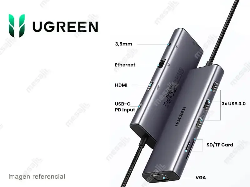 Hub UGREEN USB-C 10 en 1 3 USB-A/HDMI/VGA/SD/RJ45/USB-C DP (15601)