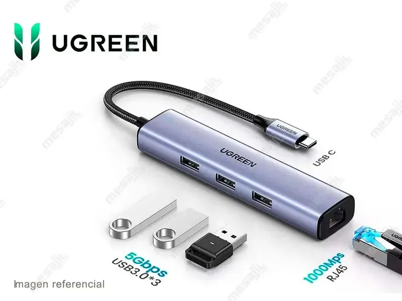 Hub UGREEN USB-C a 3 port USB-A 3.0 + 1 red RJ45 Gigabit (60600)