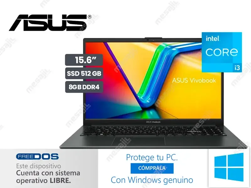 Laptop Core i3 N305 ASUS VivoBook Go 15 E1504G E1504GA-NJ2312 8GB/SSD512/15.6/No incluye windows