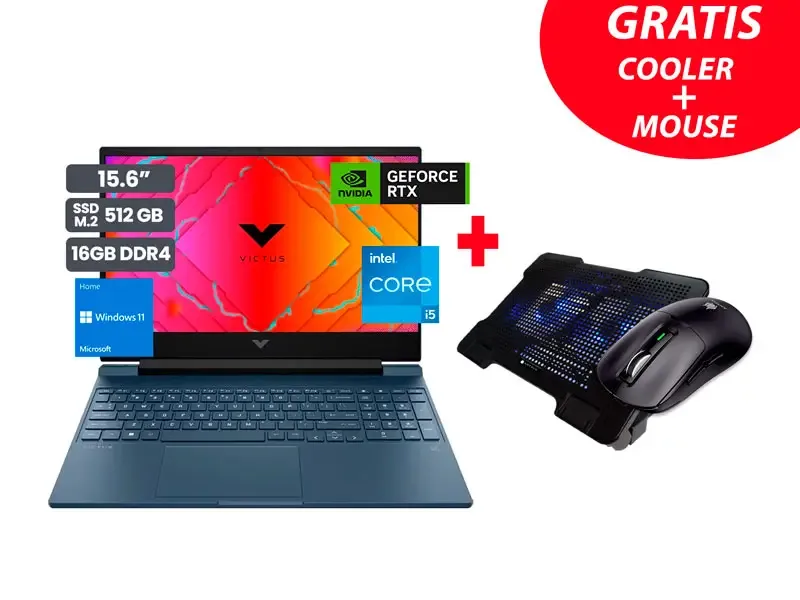 Laptop Gamer HP Victus 15-FA0022LA Intel Core i5-12450H 16GB SSD512GB RTX3050 4GB 15.6" Wind11 Home + Cooler + Mouse