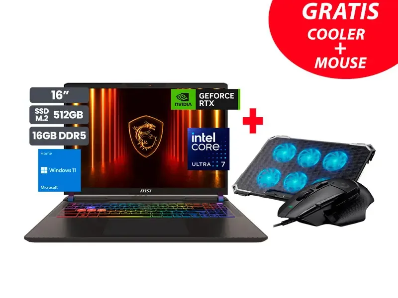 Laptop Gamer MSI Vector 16 HX A2XWHG Intel Ultra 7-255HX 16GB SSD512GB RTX5070Ti 12GB 16" Wind11 Home + Cooler + Mouse