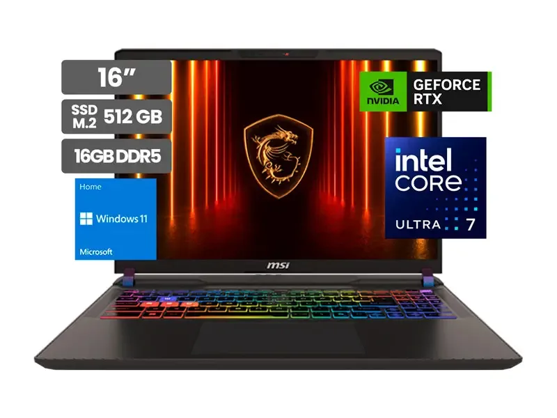 Laptop Gamer MSI Vector 16 HX A2XWHG Intel Ultra 7 255HX 16GB SSD512GB RTX5070Ti 12GB Wind11 Home