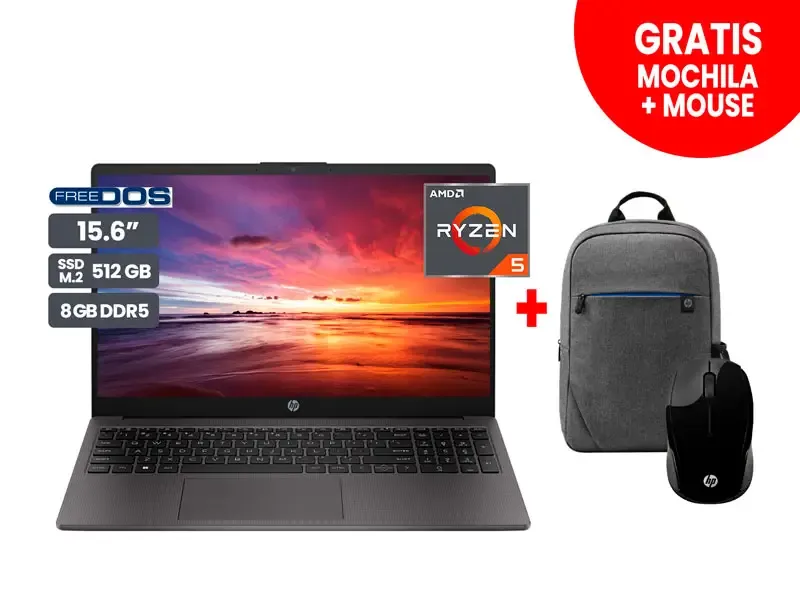 Laptop HP 255 G10 15.6"  AMD Ryzen 5 7520U LPDDR5 8GB SSD512GB No Incluye Windows