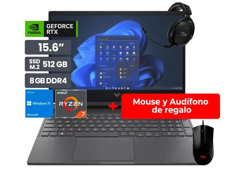 Laptop HP Gamer Victus 15-fb0126la AMD Ryzen 7-5800HS 8GB/SSD 512GB/RTX3050 4GB/ 15.6" W11H + Audifono Gaming HyperX Cloud Stinger 2 +Mouse Hyperx pulsefire