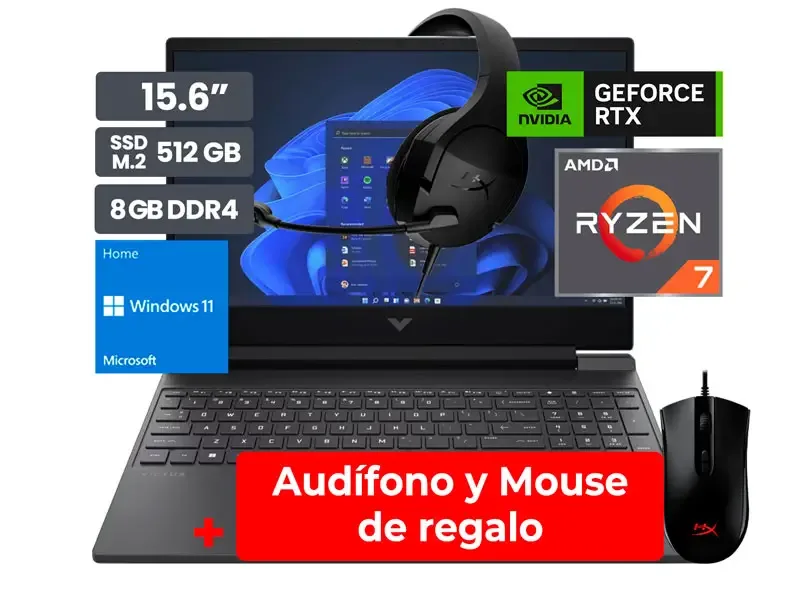 Laptop HP Gamer Victus 15-fb0126la AMD Ryzen 7-5800HS 8GB/SSD 512GB/RTX3050 4GB/ 15.6" W11H + Audifono Gaming HyperX Cloud Stinger +Mouse Hyperx pulsefire