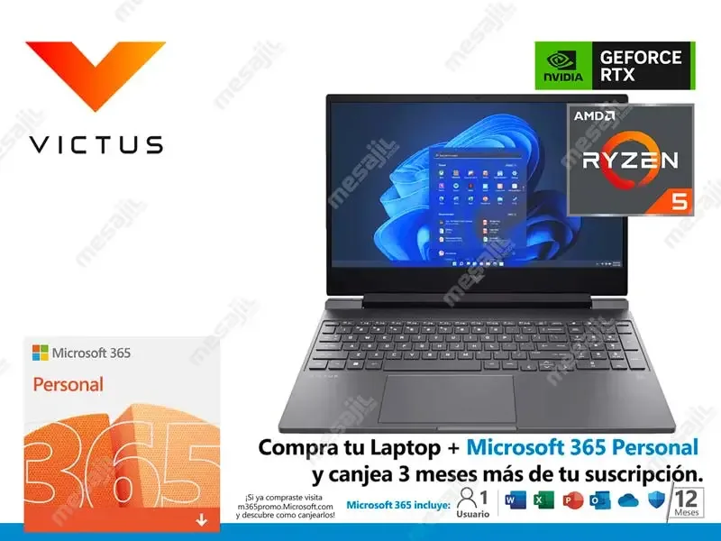Laptop HP Gaming Victus 15-fb0103la AMD Ryzen 5-5600H 8GB/SSD 512GB/VD RTX3050 4GB/W11h/15.6"