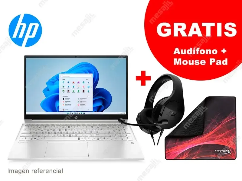 Laptop HP Pavilion 15-eg0501la Intel Core i5-1135G7 8GB/SSD512GB/15.6"/W11h  + Audífonos HyperX Stinger Core + Mouse Pad HyperX Fury S Speed L