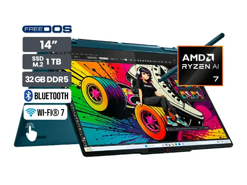 Laptop Lenovo Yoga 7 14AKP10 AMD Ryzen AI 7 350 32GB LPDDR5x SSD1TB 14" No incluye windows