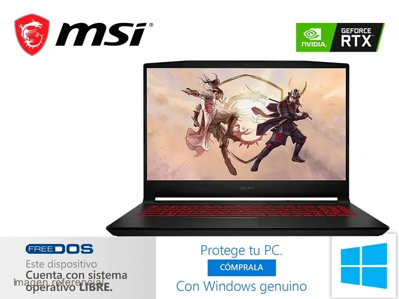 Laptop MSI Gaming Katana GF66 11UC Intel i7-11800H 8GB/SSD 512GB/V4GB RTX3050/15.6"/No incluye windows
