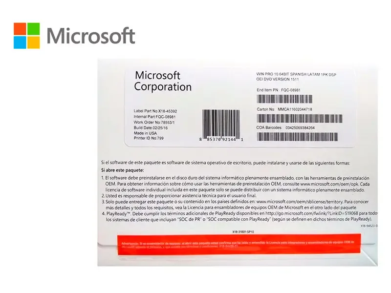 Microsoft Windows 10 Profesional 64 Bits Espanol 1PK OEM