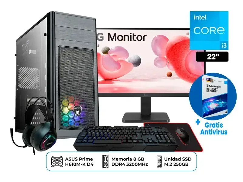 PC DMH ESENCIAL INTEL i3 8GB 250GB MONITOR 22" ANTIVIRUS
