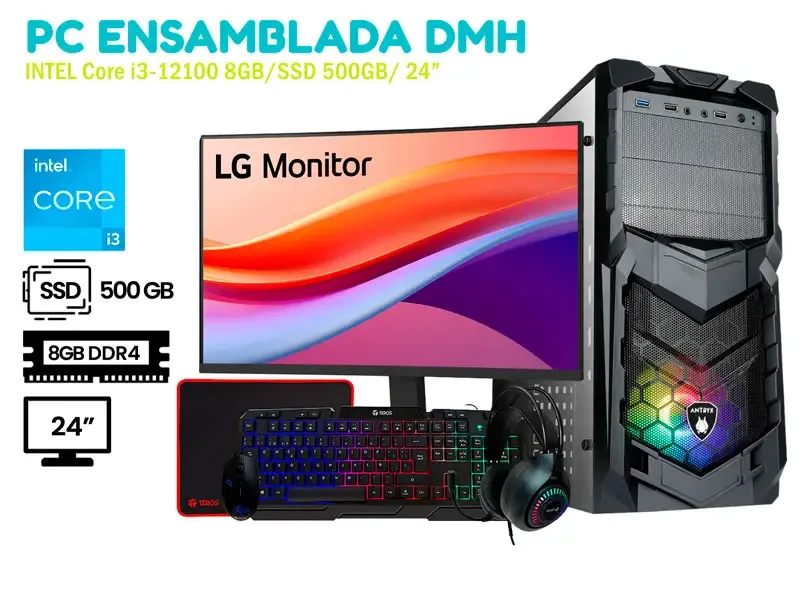 PC DMH ESTUDIANTE INTEL CORE I3-12100 8GB SSD500GB 24" ANTIVIRUS