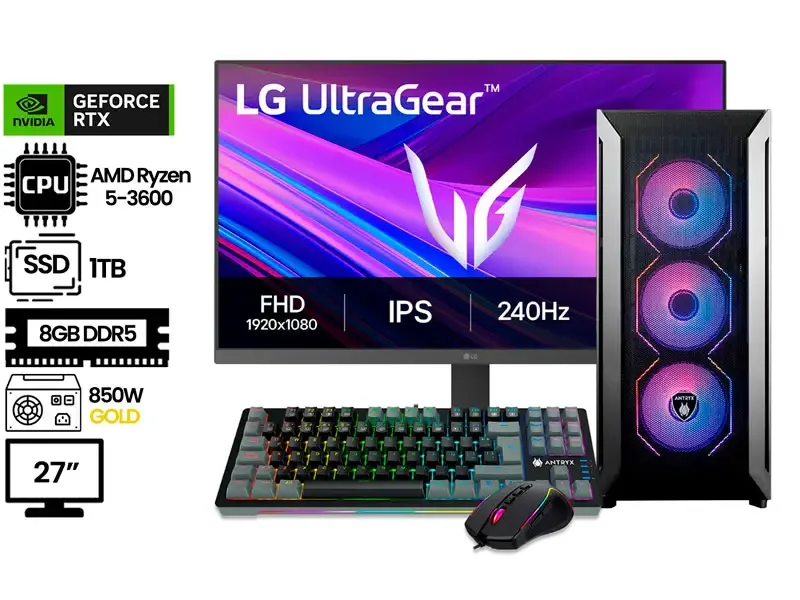 PC DMH GAMER AMD RYZEN 5-3600 8GB SSD1TB RTX3050 850W + MONITOR GAMER 27"
