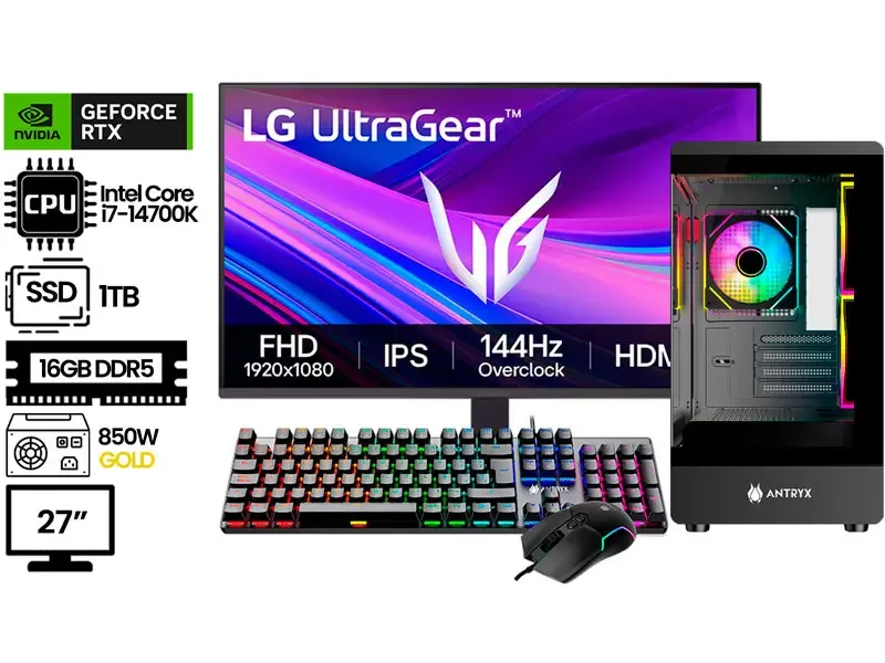 PC DMH GAMER INTEL CORE I7-14700K 16GB SSD1TB RTX5050 850W + MONITOR GAMER 27"