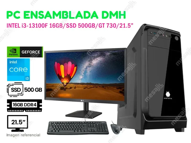 PC ENSAMBLADA DMH Intel i3-13100F 16GB/SSD 500GB/V2GB/21.5"