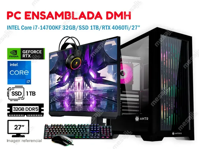 PC ENSAMBLADA DMH Intel i7-14700KF 32GB/SSD 1TB/RTX 4060Ti V16GB/27"