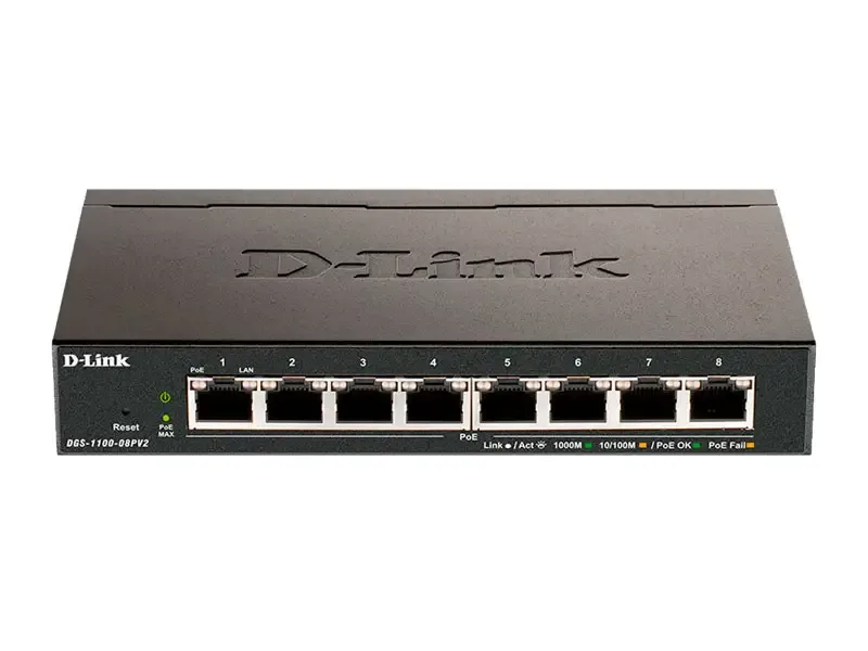 Switch D-Link DGS-1100-08P Capa2 , 8 ports RJ-45 LAN GbE, PoE, Auto MDI/MDIX.