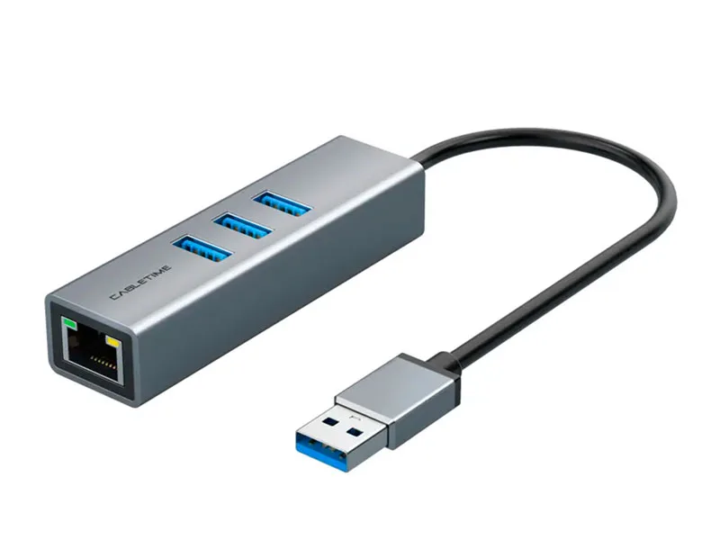 Adaptador USB a Ethernet Gigabit + Hub 3 USB CABLETIME CB55G