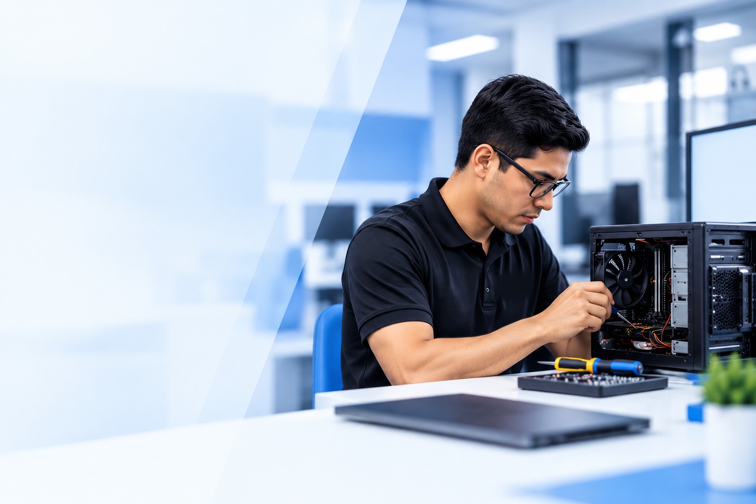 Especialista realizando soporte técnico a un computador